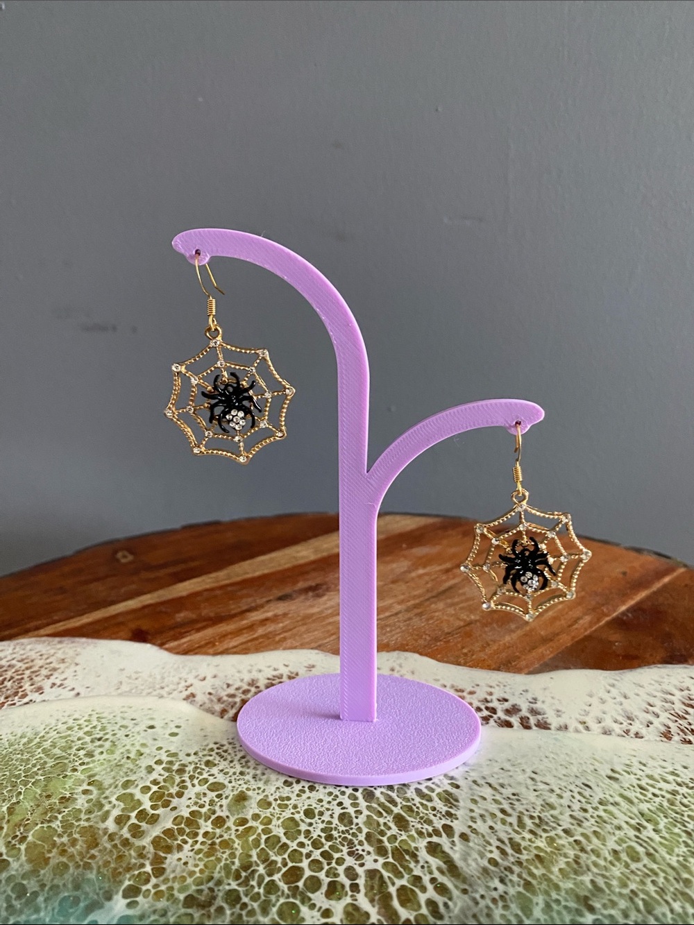 Gold Spider Web Drop Earrings with Black Spider